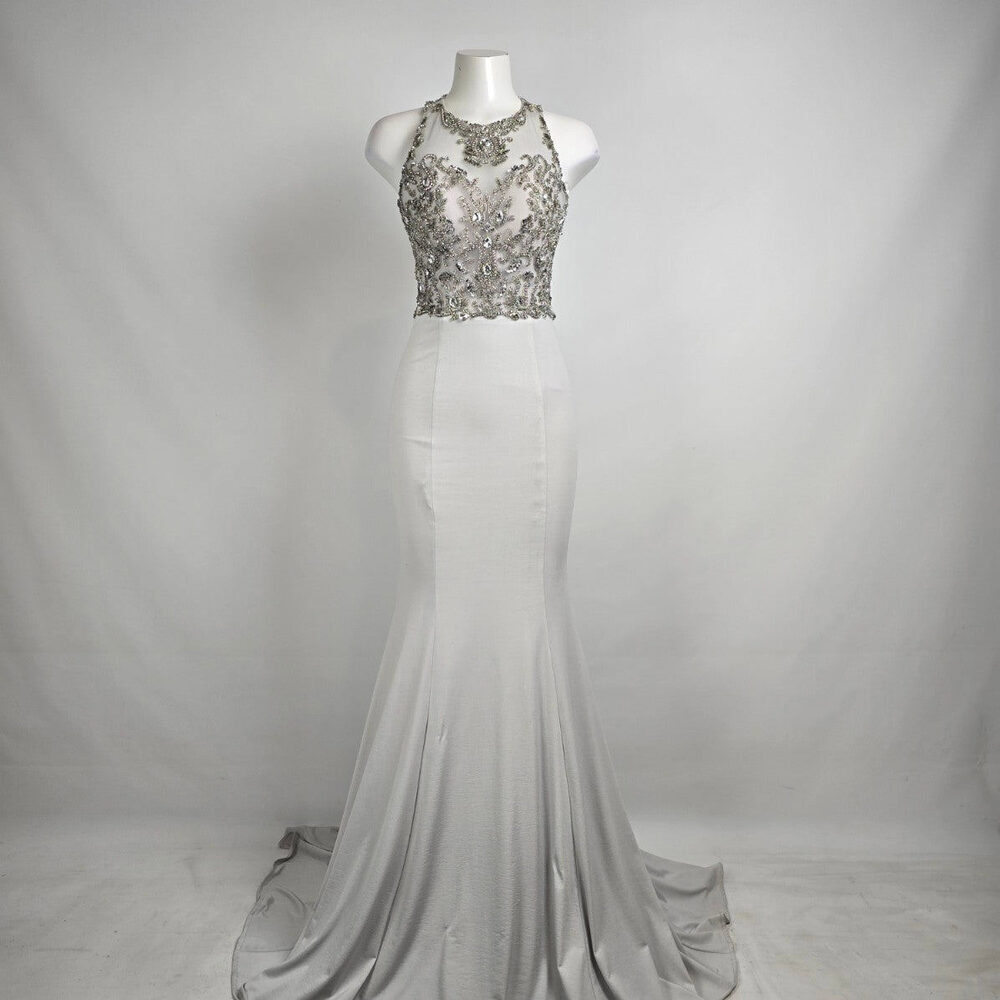 Angela & Alison Silver Crystal Bodice Long Eventwear Gown Size 4